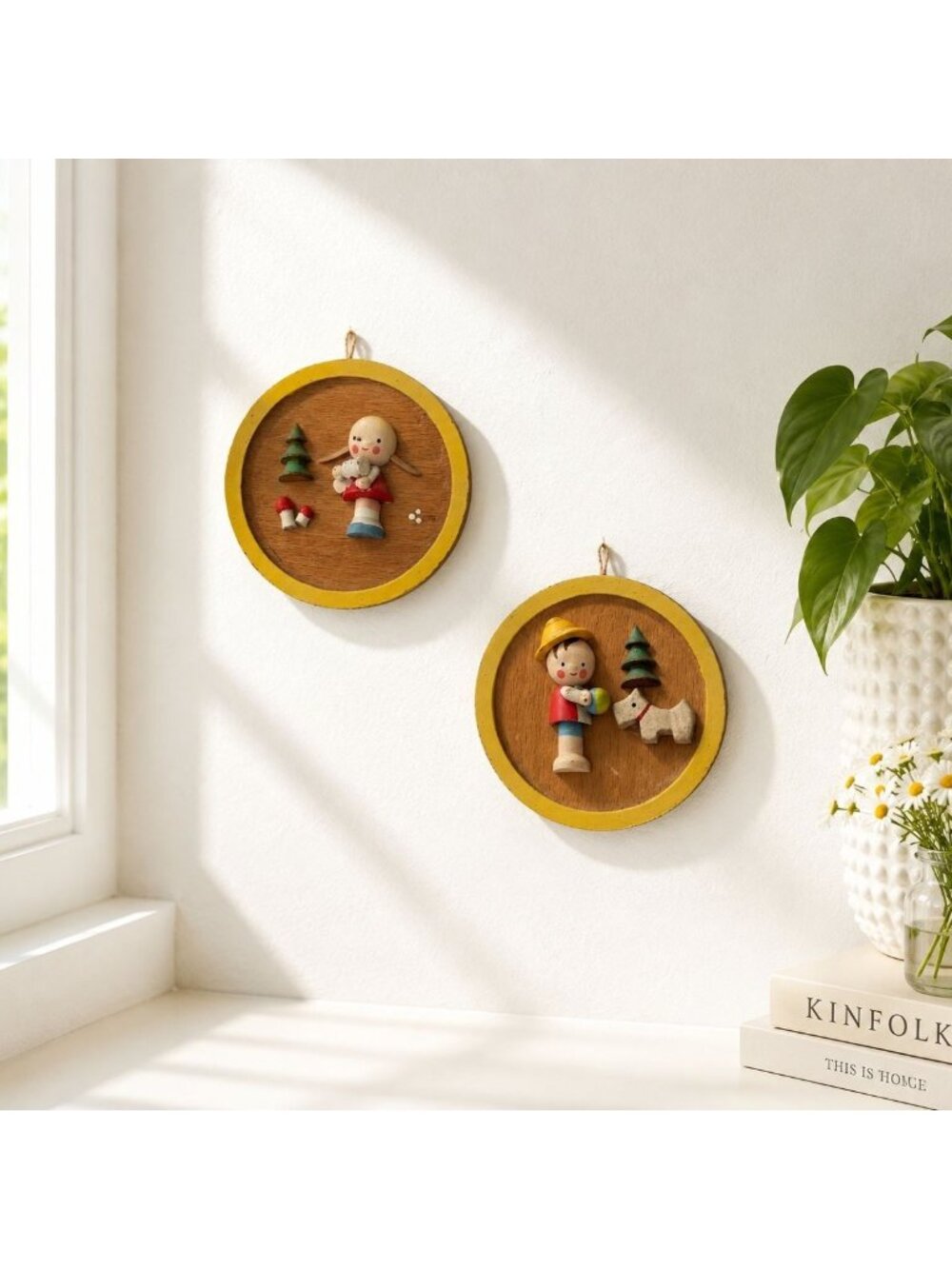 Vintage Wooden Wall Plaques With 3D Boy Girl & Nature Scenes Scotty Dog Set Of 2